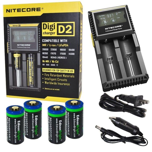 4 Pack EdisonBright EBR65 type 16340 RCR123A 3.7v rechargeable protected li-ion 650mAh batteries with Nitecore D2 digicharger home/car battery charger bundle