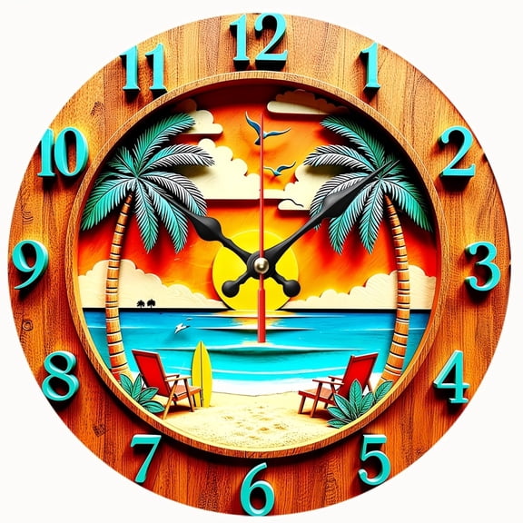 2D Flat Wooden Wall Clock,Suitable for Outdoor Use Tropical Beach Sunset Wall Clock Suitable for Cabin- Durable Clock - AA Battery Not Included