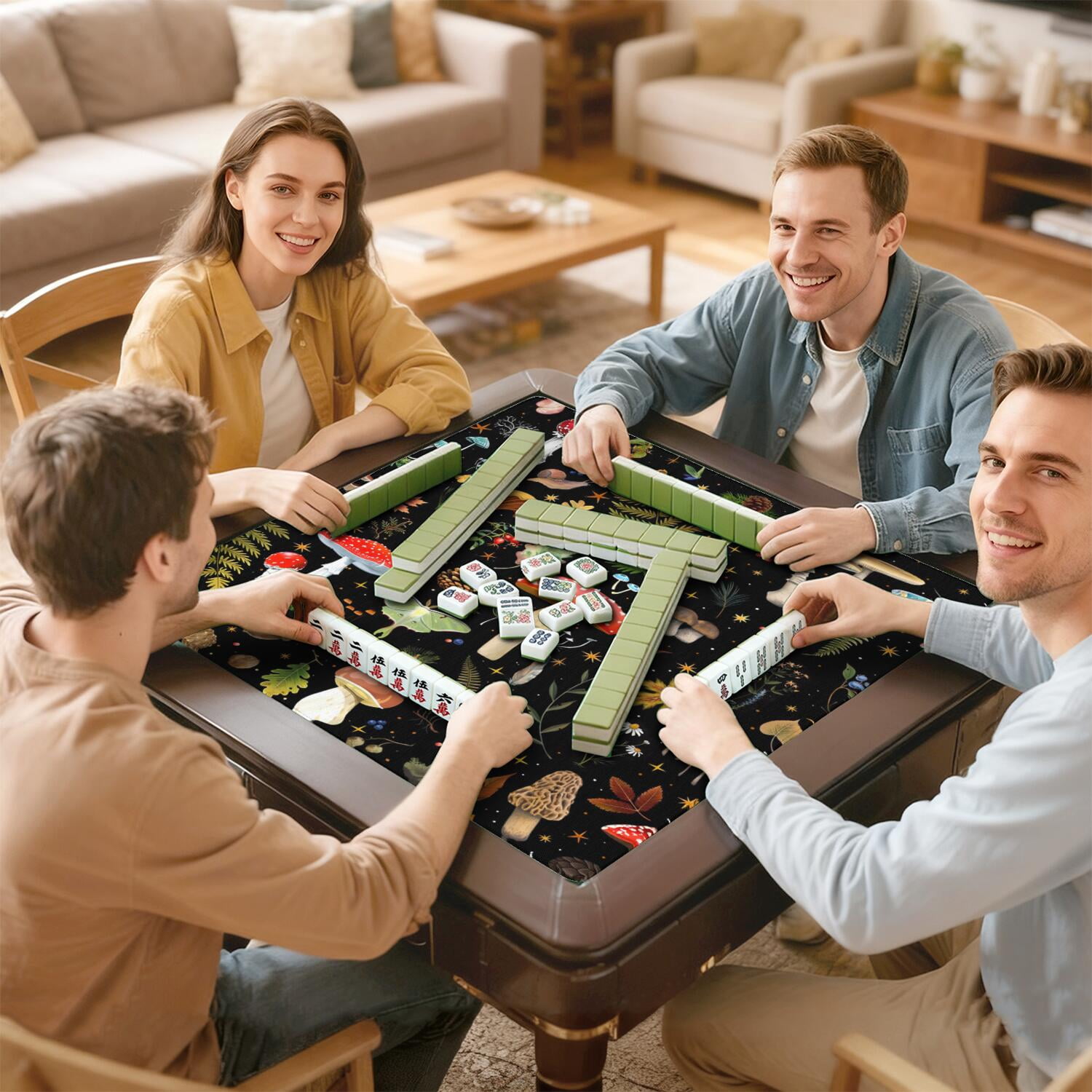 Square Botanical Style Mahjong Mat 31.5 Inches Crafted from Premium Rubber Featuring Anti-Slip Backing Grip and Noise Reduction Qualities for Multi-Game Table Protection