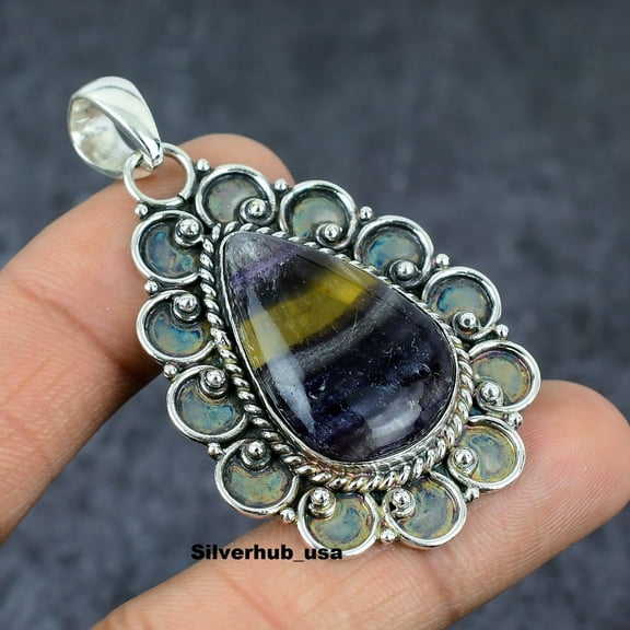 Adidev 30 Carat Fluorite Gemstone Pear Shape MulticolorColor 925 Sterling Silver Plated Pendant for Women