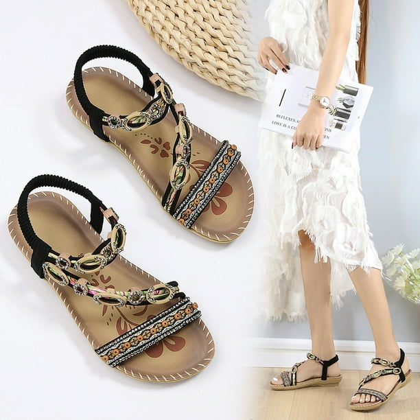Sandalias de playa con diamantes de imitación y flores planas bohemias Wmkox8yii nm1240