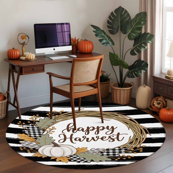 Thanksgiving Round Area Rug 3 FT, Small Kitchen Bathroom Mat, Fall Harvest Pumpkins Maple Black Stripes Washable Indoor Outdoor Throw Runner Carpet Non-Shedding Doormat for Table Shower Sofa Entryway