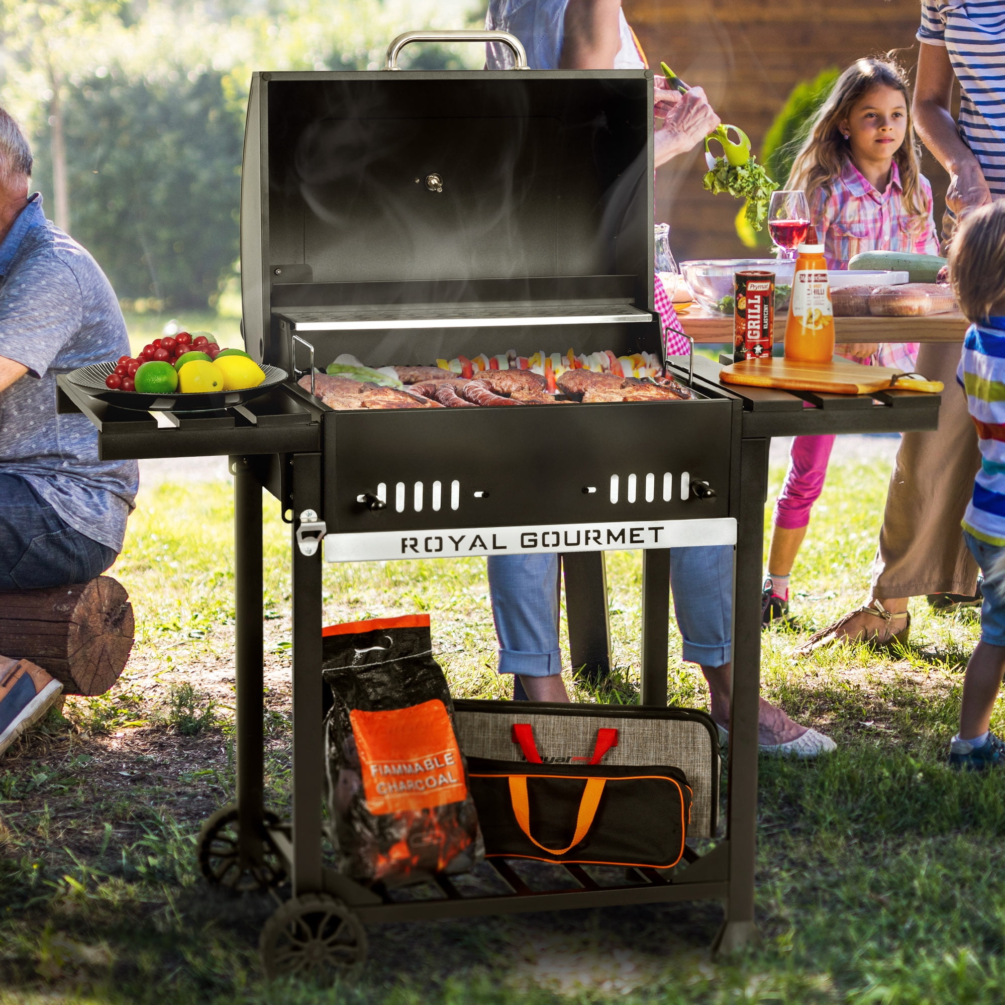 Royal Gourmet CD1824ET 24-Inch Movable Charcoal BBQ Grill with Foldable Side Shelves, Temperature-Controlled