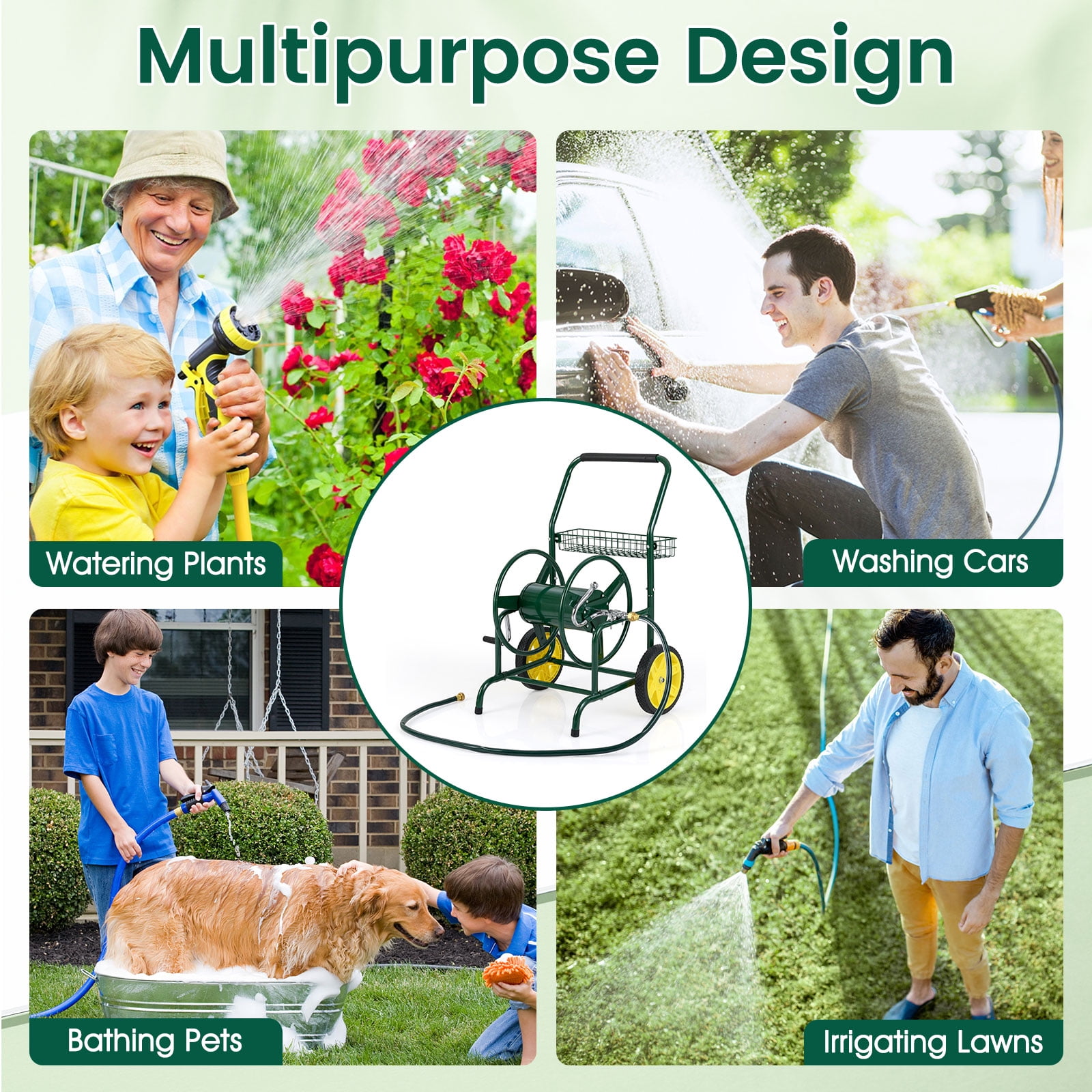 Gymax Garden Hose Reel Cart 230 FT of 5/8'' Large Capacity w/ 2 Wheels Storage Basket Green