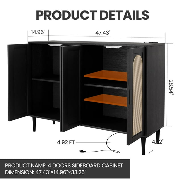 GloryStar Buffet, Armoire de Rangement à 4 Portes en Rotin, Table Console avec Prise Électrique, Étagères Ajustables pour Salle à Manger, Cuisine, Couloir, Salon