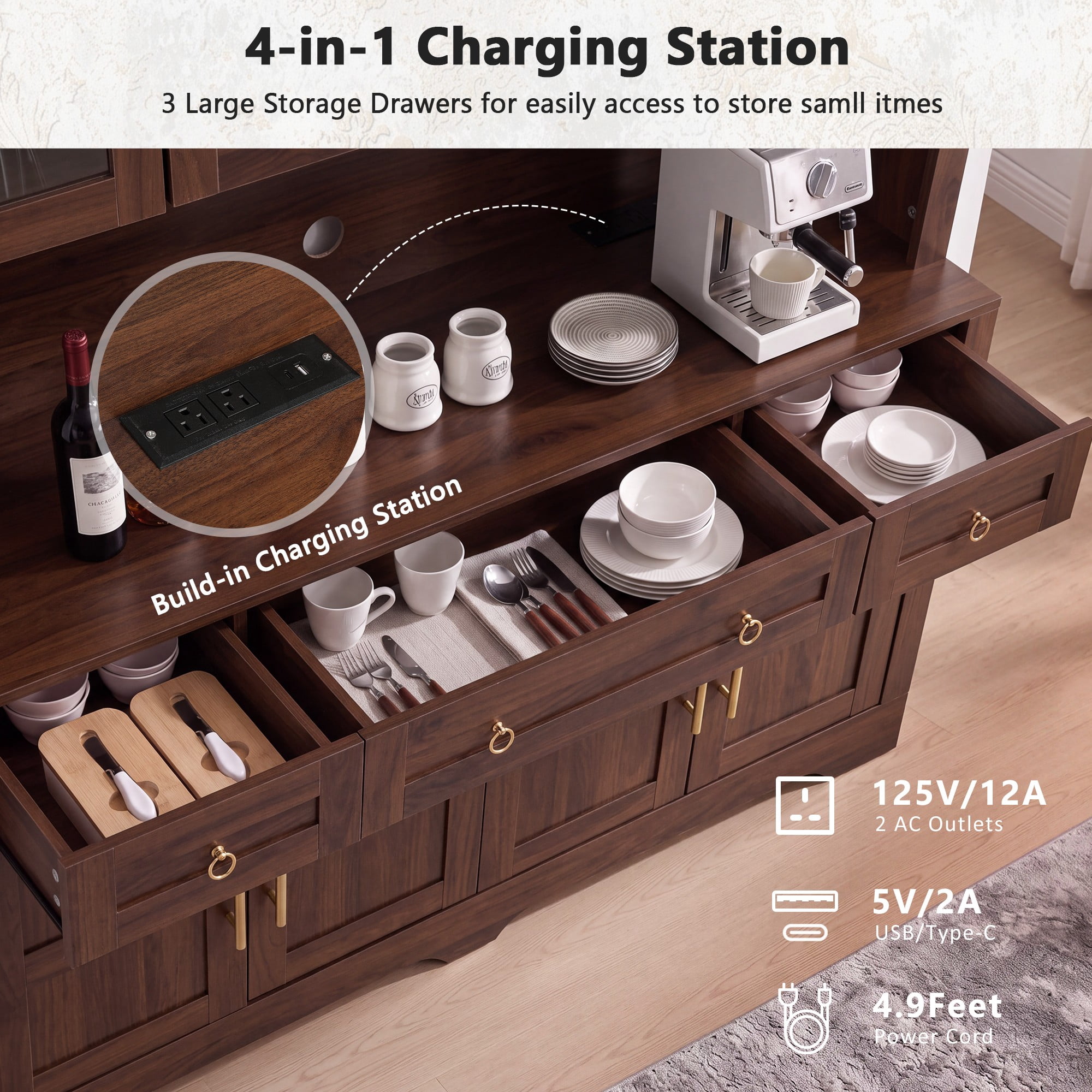 Aukfa 75.6" Large Tall Kitchen Pantry Cabinet with Hutch, Arched Glass Doors, Built-In Charging Station & Smart LED Light,Walnut