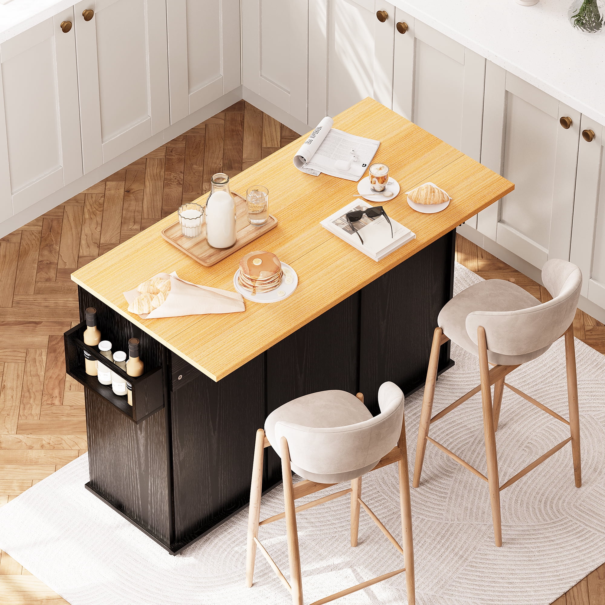 spanspace 48" Kitchen Island Cart with Drop Leaf , 10 Gallon Storage and Tilt Out Trash Can Cabinet , Portable Kitchen Island with Wheels Drawer and Adjustable Shelves for Kitchen, Black