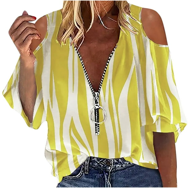 Tops Para Mujer Elegante Casual Fuera Del Hombro Tops Jersey Blusa Media Manga Cremallera Camisa Estampada Odeerbi ODB163622