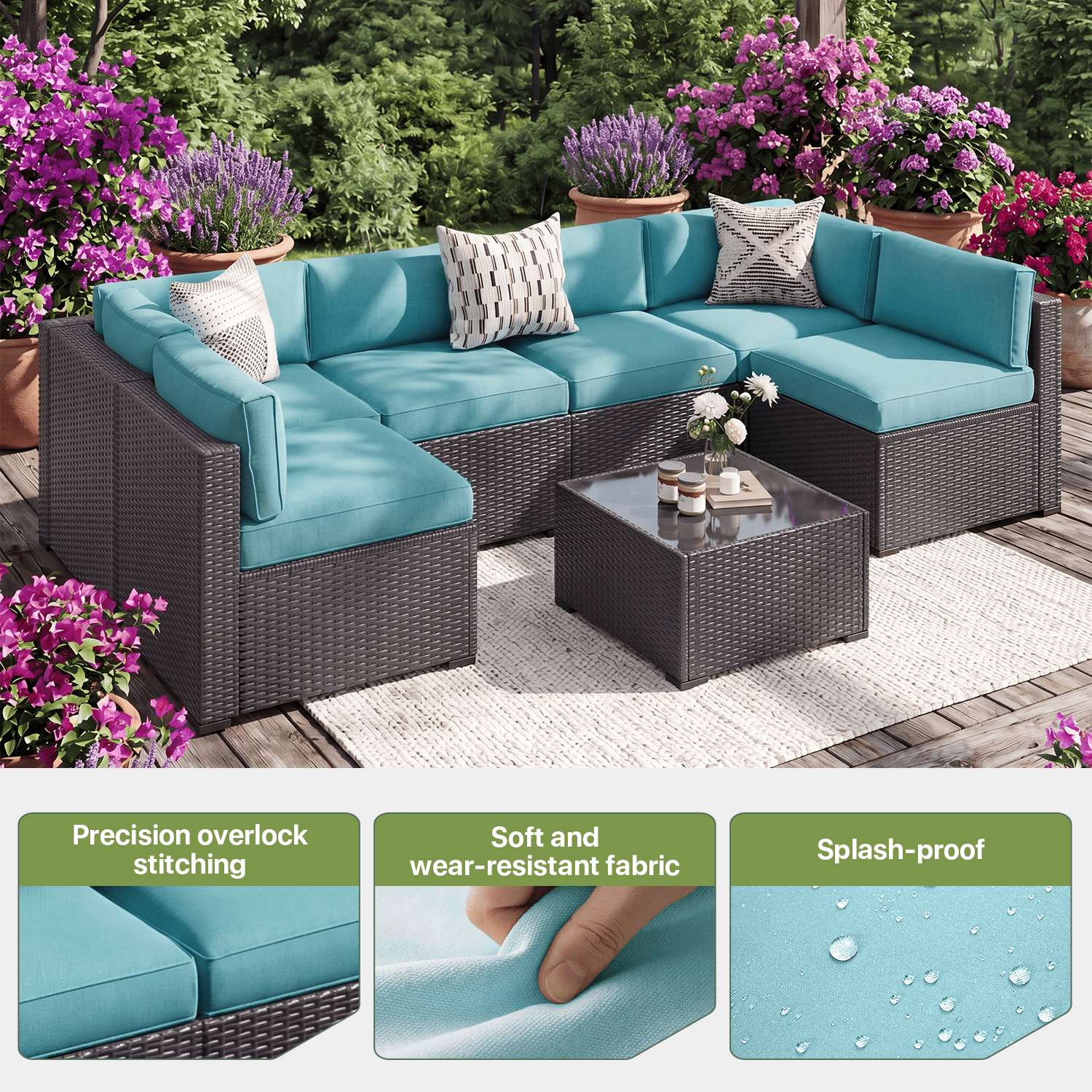 BaPiPro 14 Pack Sky Blue Outdoor Patio Sofa Cushion Replacement Covers, Fade‑Proof, Waterproof & Zippered, Wear‑Resistant, Stain‑Resistant Easy‑to‑Clean Slipcovers for Rattan Sectional Furniture