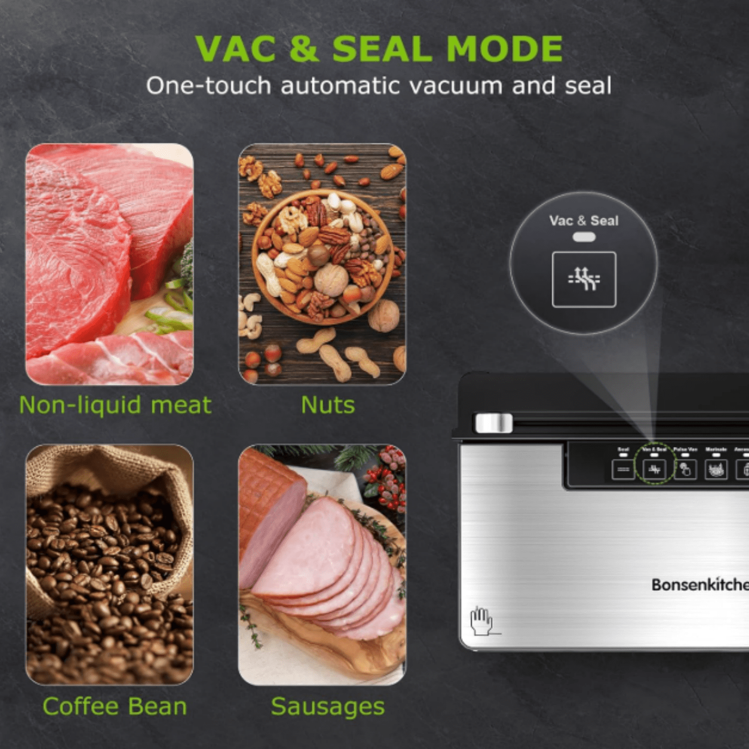 Vacuum Sealer Machine, Stainless Steel Food Sealer Vacuum Sealers with 100 Bags & 1 Roll Bag, 5 Food Vacuum Modes, Built-in Cutter & Bag Storage, Silver-Black
