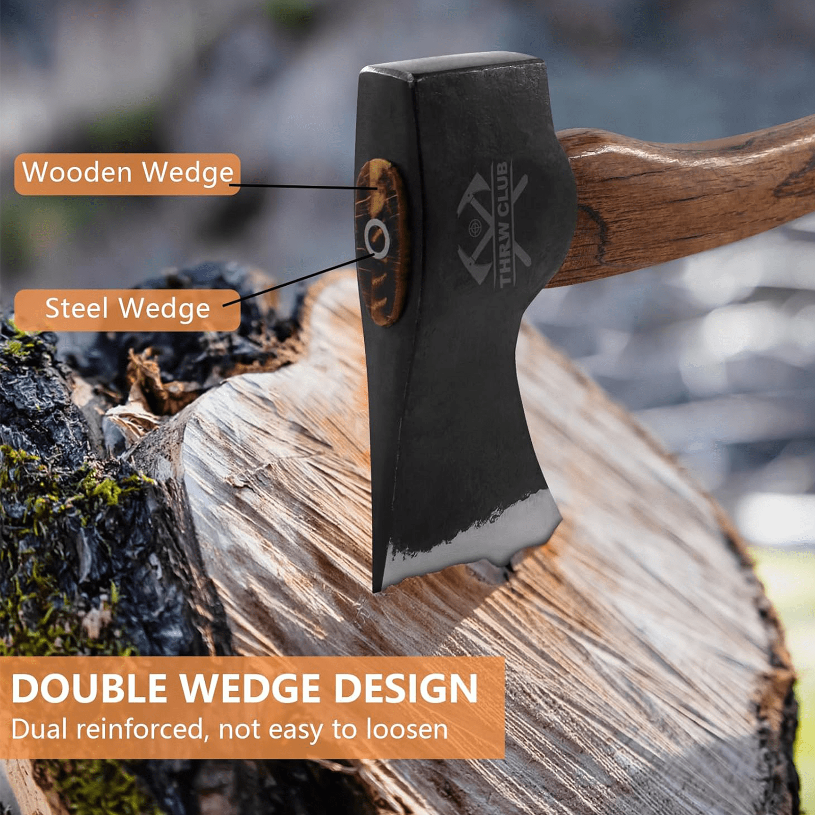 THRWCLUB 15.7" Camping Hatchet, Hand Forged 1065 Carbon Steel Wood Axe with Wooden Handle, Bushcraft Camp Axe with Sheath & Sharpener
