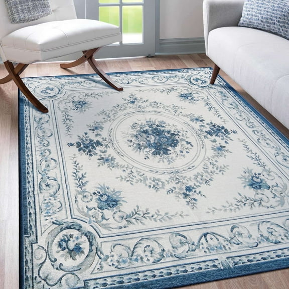 My Magic Carpet 5'x7' Machine Washable Non-Slip Dining Living Room Area Rug - Aubusson Blue