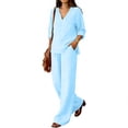 thumbnail image 6 of Lightweight Linen 2 Piece Outfit, Women's V-Neck 3/4 Sleeve Top & Loose Wide Leg Pants for Summer & Travel, Sky Blue S, 6 of 9