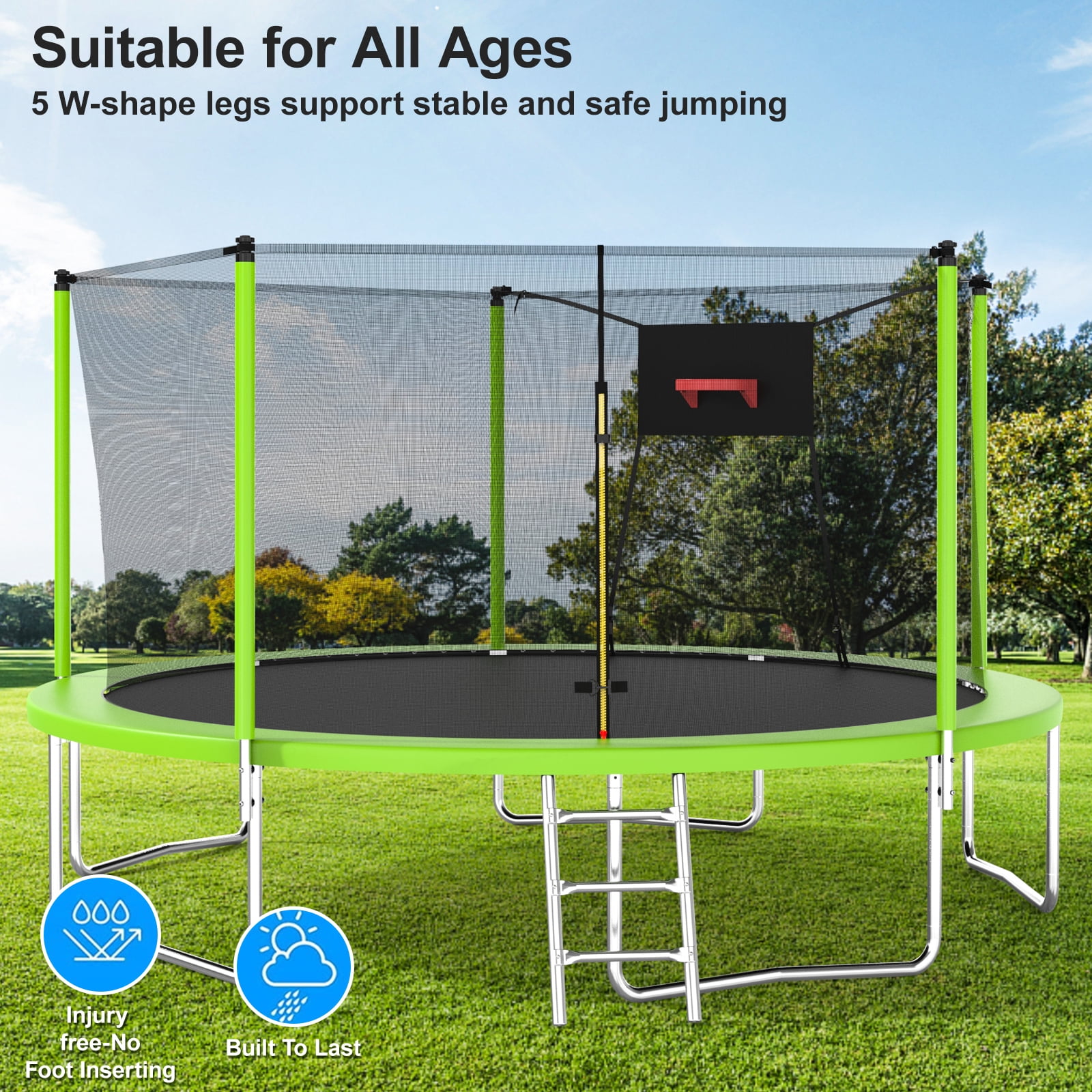 Trampoline with Enclosure, Upgraded 14 Feet Kids Outdoor Trampoline with Basketball Hoop and Ladder, Heavy Duty Round Trampoline for Indoor Outdoor Backyard, LLL4568