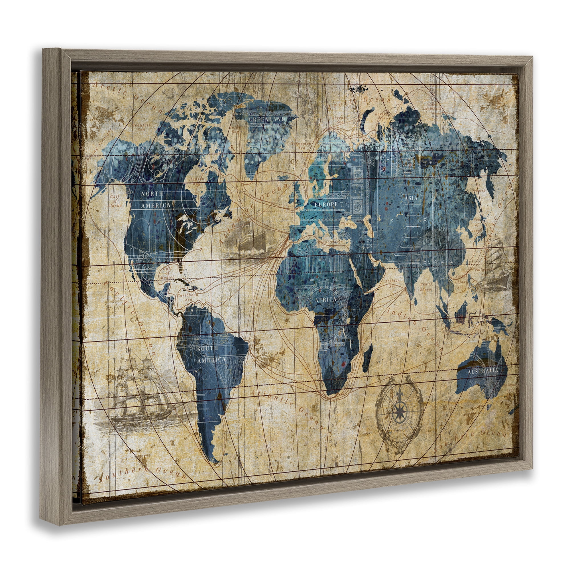 Stupell Industries Vintage Abstract World Map Design Town & City Painting Brown Floater Framed Canvas Art Print Wall Art, 21 x 17