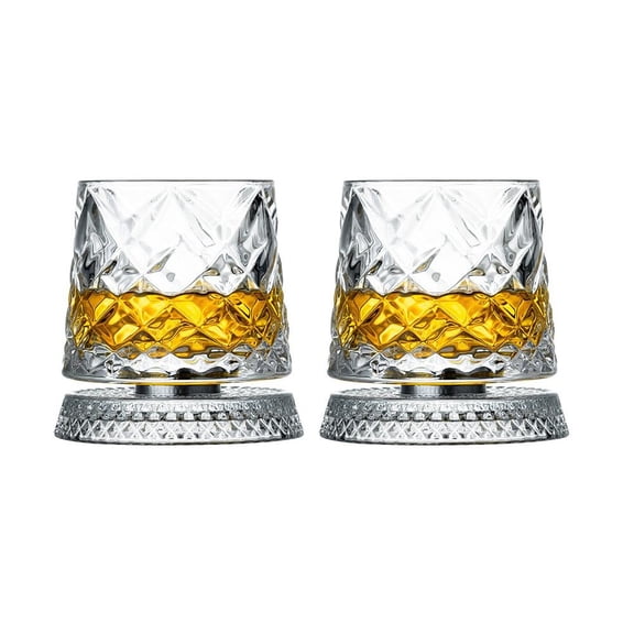 Whiskey Glasses Set of 2, Rotatable Tumbler Crystal Glass Cups, Drinking Glasses with 2Pcs Creative Coasters - for Scotch,Bourbon,Cocktails