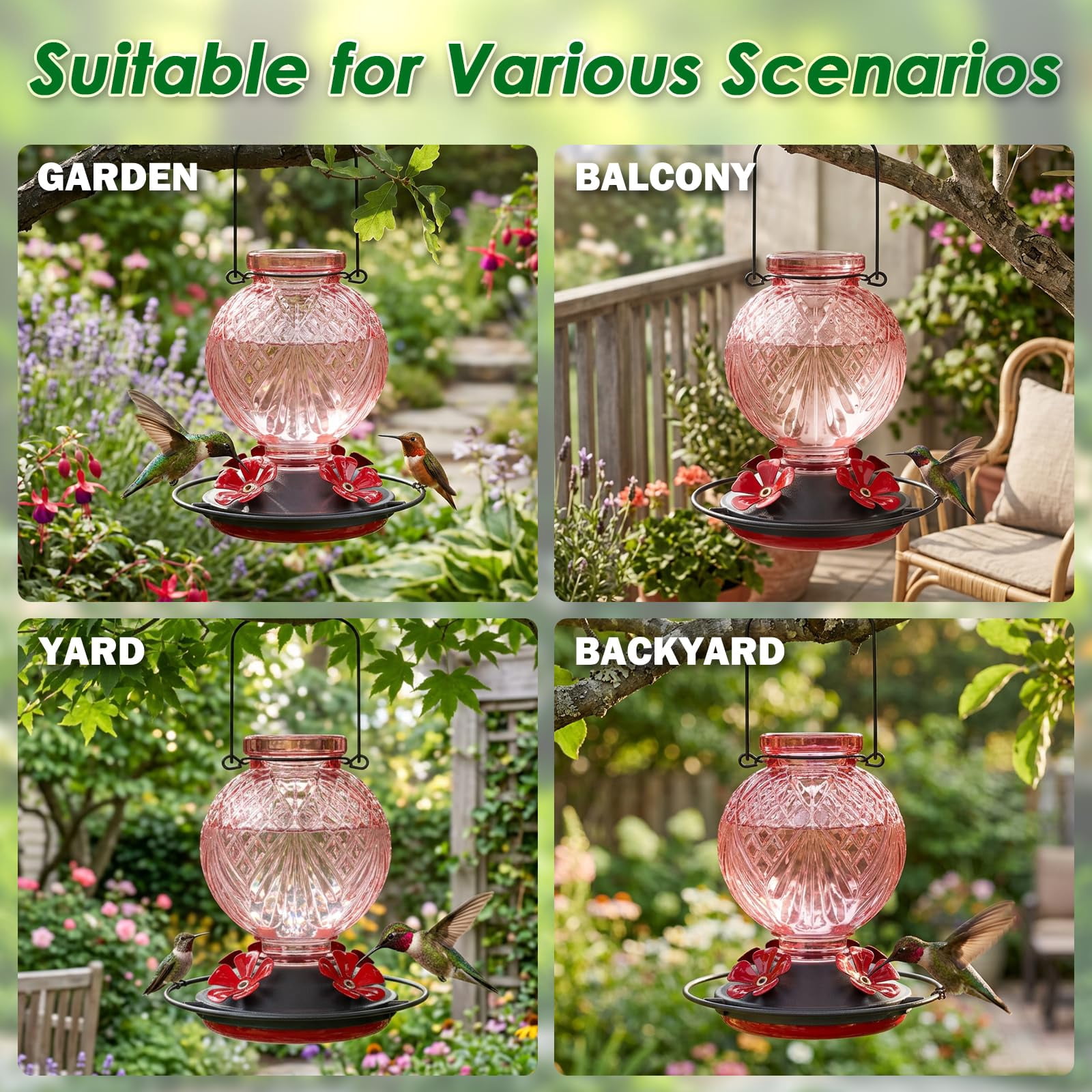 25 OZ Glass Hummingbird Feeder for Outdoors Hanging, Humming Bird Nectar Feeder with Ant Moat, 4 Bee-Proof Feeding Ports, 360° Perch, Leak-Proof, Gifts for Women Mom, Red
