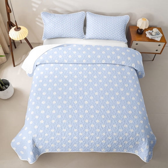 Erosebridal Baby Blue Polka Dot Twin Quilt Set,Off-White Circle Fresh Twin Coverlet Set For Girls,2 Pieces