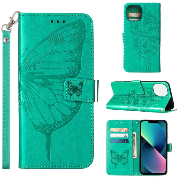 SaniMore Case for iPhone 14 Pro (6.1" 2022), PU Leather Skin with Luxury Embossed Butterfly [Wrist Strap & Card Slots & Flip Kickstand] Full-body Shockproof Business Wallet Cover, Green