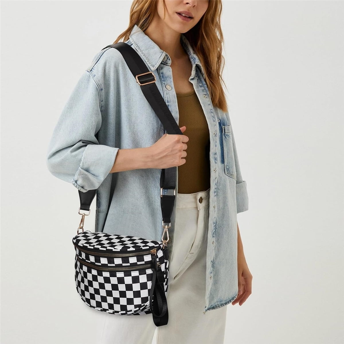 Luxury Checkered Crossbody Bag,Spacious Bum Bags for Women Nylon Crossbody Fanny Packs Checkered Purse Belt Wallet