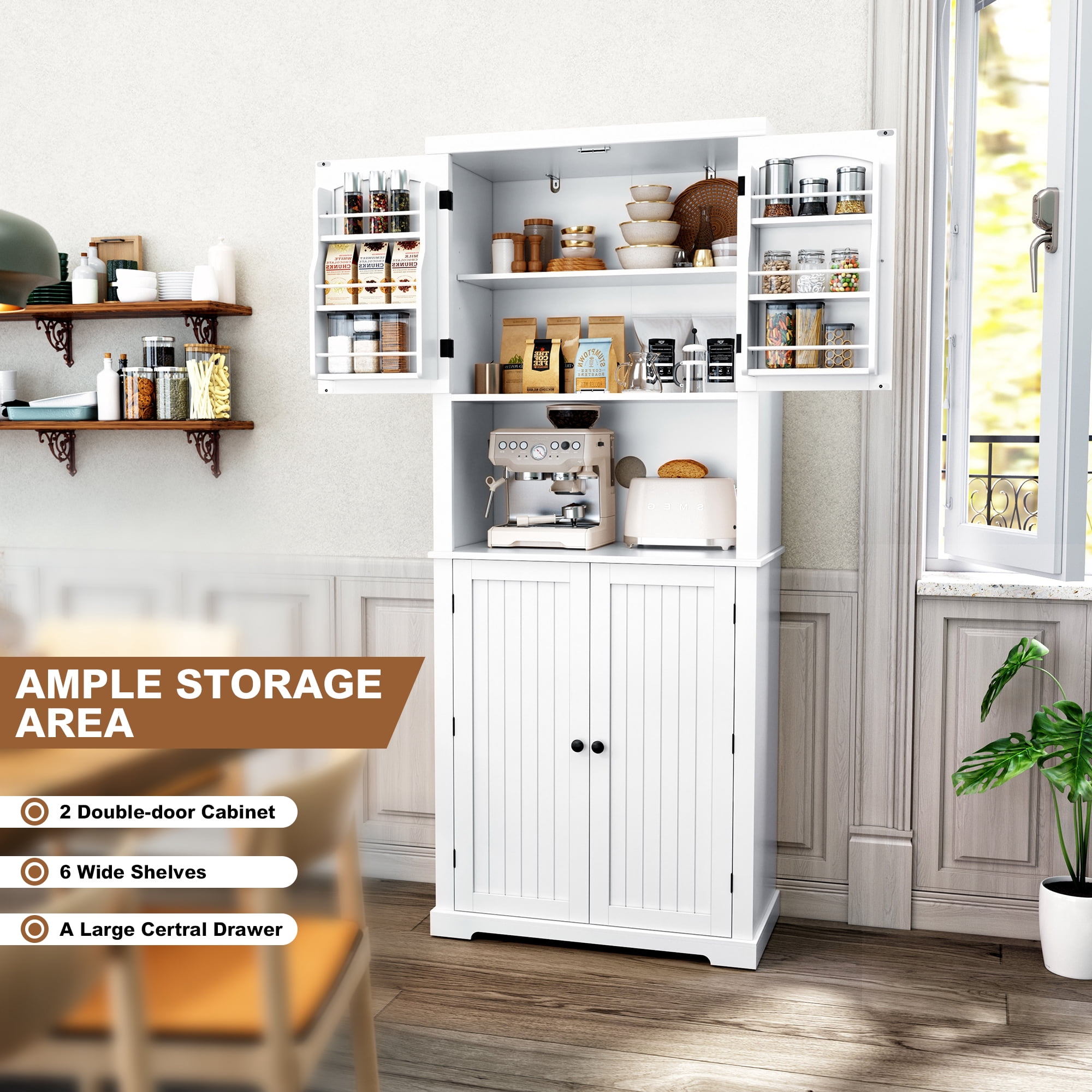 HLR 72" Kitchen Pantry Cabinet, Freestanding Pantry Storage Cabinet with Hutch & Shelves, White