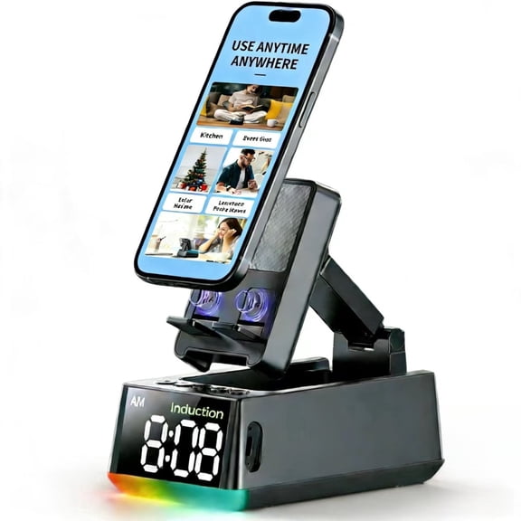 cooboom Phone Stand with Bluetooth Speaker, Father's Day Gift, Gifts for Men Women, Clock, Anti-Slip Base HD Sound, Foldable Stand.