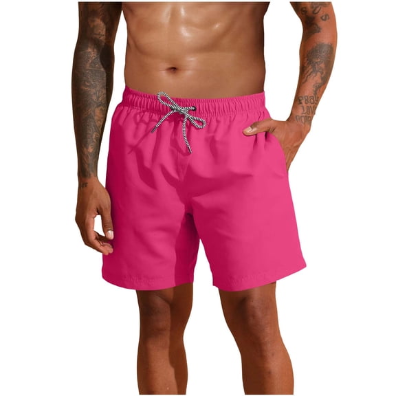 BVnarty Men's Summer Solid Swim Trunks With Soft Liner, Adjustable Drawstring Elastic Waist Breathable Beach Casual Shorts With Functional Pockets Pink S