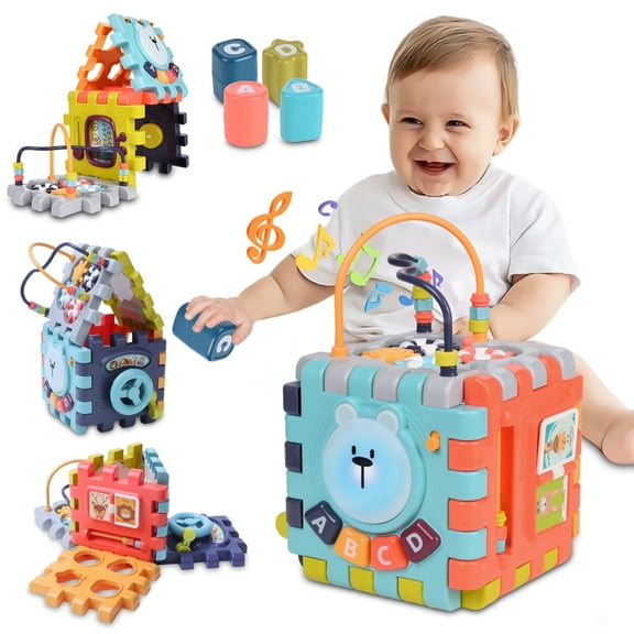 Vomeast 6-in-1 Baby Activity Cube w/ Music, Preschool Montessori Learning Toys for Toddlers Infant, for Birthday Christmas Baby Shower Gifts, Multicolor