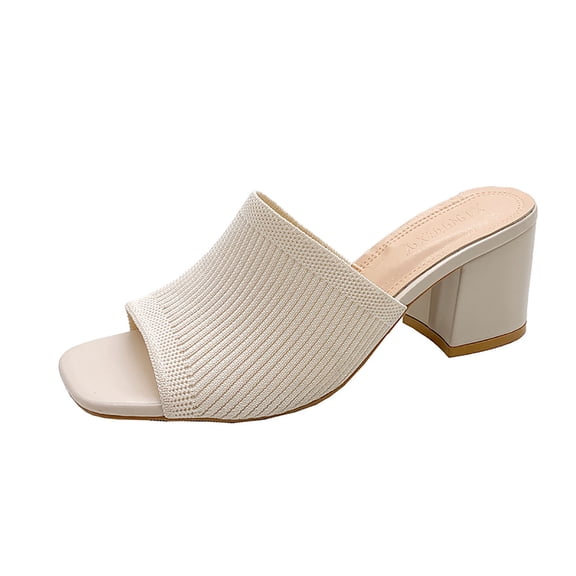 Women Knitted Open Toe Mules Dressy Casual Stretch Slip On Shoes Square Toe Chunky Heels Sandals for Summer