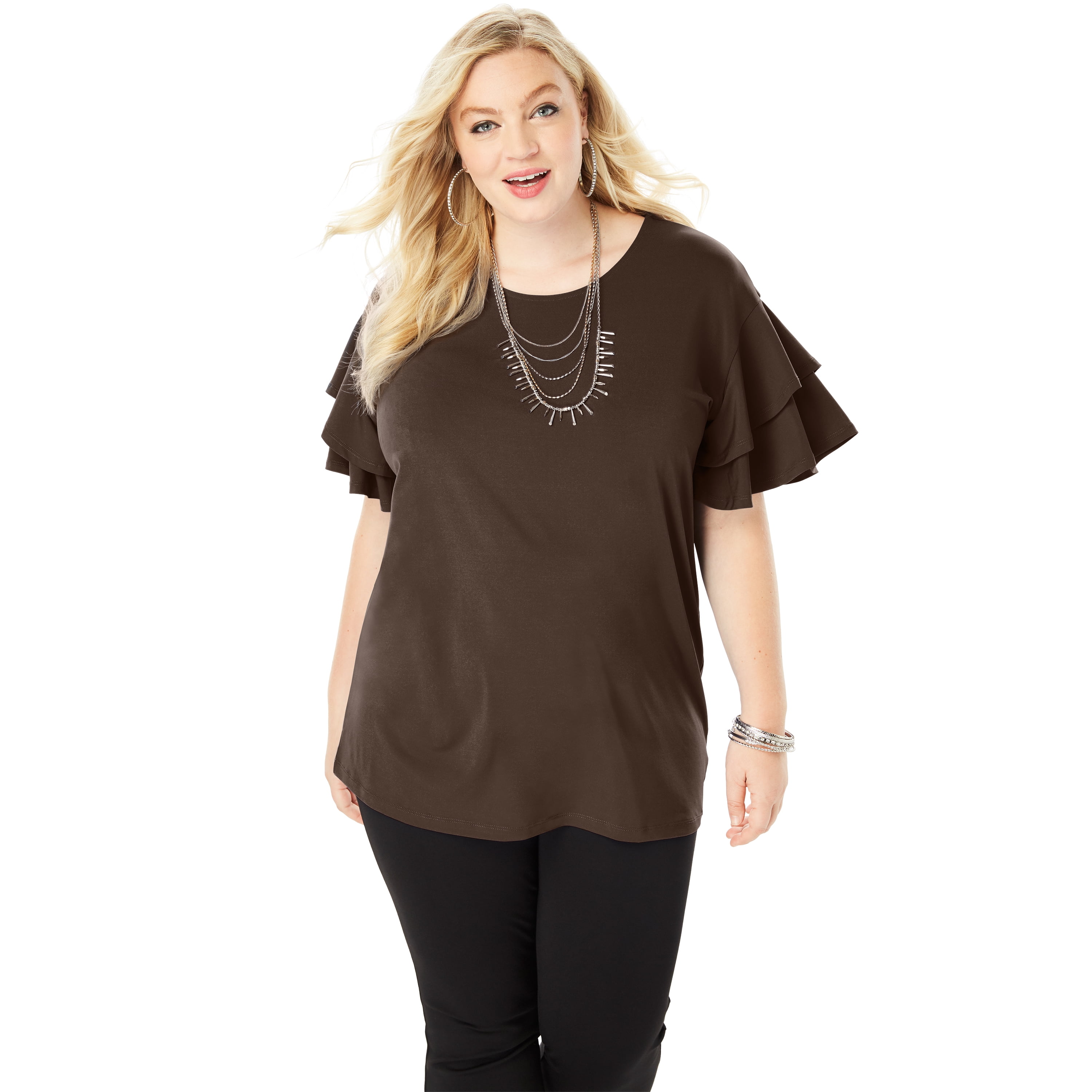 Roaman's Roaman's Women's Plus Size Scoopneck RuffleSleeve Top
