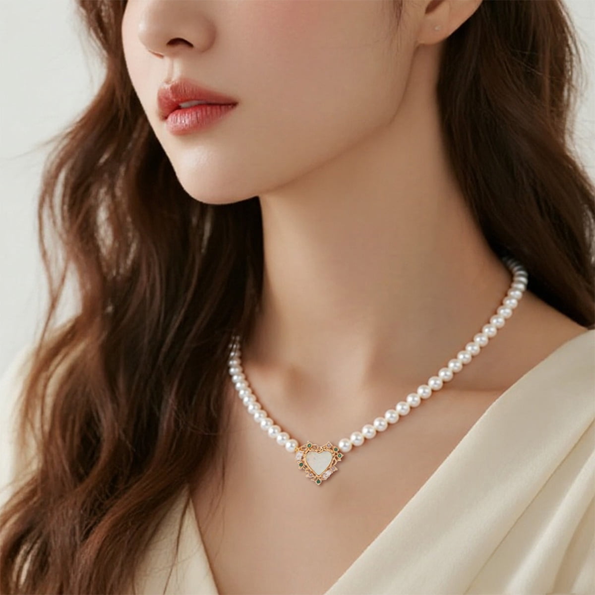 Pearl & Opal Heart Necklace with Zirconia, 14K Gold Plated 925 Sterling Silver,Adjustable Chain Romantic Birthstone Jewelry Gift for Women