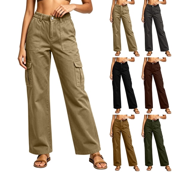 Zormilly Cargo Pants Women Fashion High Waisted Elastic Waist Wide Leg Hiking Pants with Multi Pockets Straight Leg Jeans, S-2XL