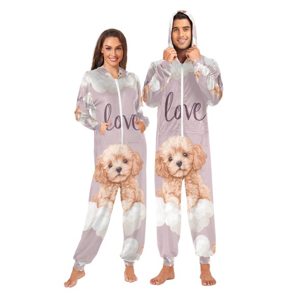 Lovely Puppy Dogs Adult Onesie Pajamas Slim Fit Christmas One Piece Suit Pjs for Women and Men Hooded Zipper