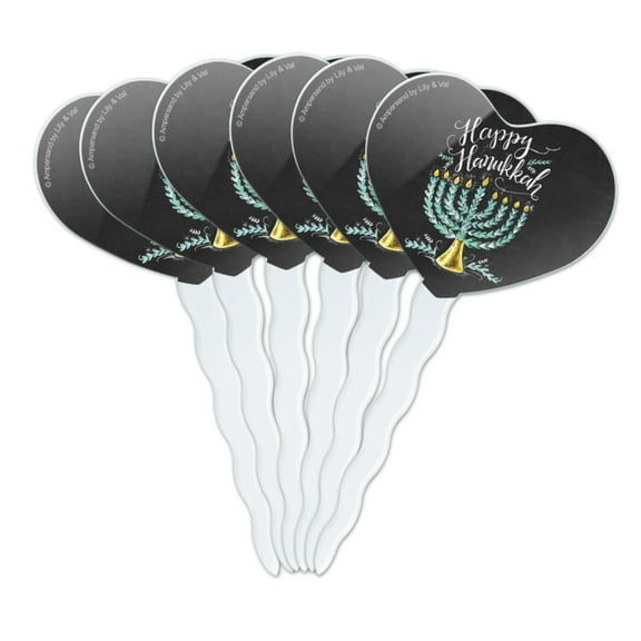 Happy Hanukkah Menorah Heart Love Cupcake Picks Toppers Decoration Set of 6