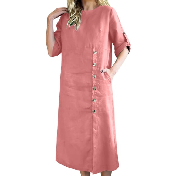 Neewe Women's Summer Cotton Linen Maxi Dress Loose Casual Plain Round Neck Button Down Long Sleeve Long Dresses Daily