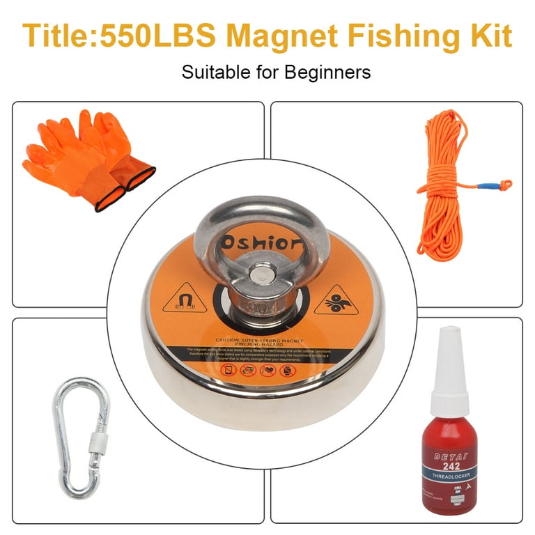 Magnet Fishing Kit with Strong Magnet for Pulling 550 lbs, Rope, Gloves,  Threadlocker Glue  Fishing Magnets with Rope for Underwater Treasure  Hunting and Retrieving Objects 
