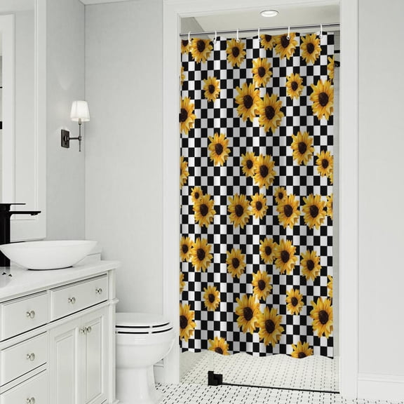 Black White Checker Sunflower Pattern Shower Curtain 36"x72" ,Bathroom Decorative Shower Curtains Set with 12 Hooks,Modern Waterproof Washable Shower Curtain