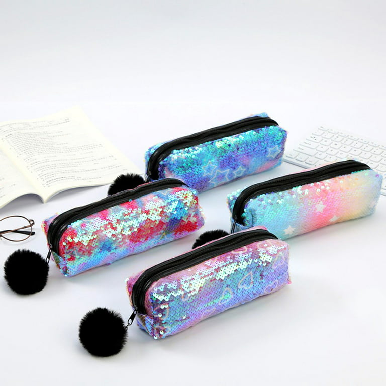 School Pencil Case Reversible Sequin Hairball PencilCase For Girls  Stationery Gift Cute Pencil Box Kawaii Student Supplies