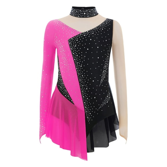 Oyolan Kids Girls Shiny Rhinestone Figure Ice Skating Dress Long Sleeve Ballet Tutu Skirted Leotard Light Hot Pink 8