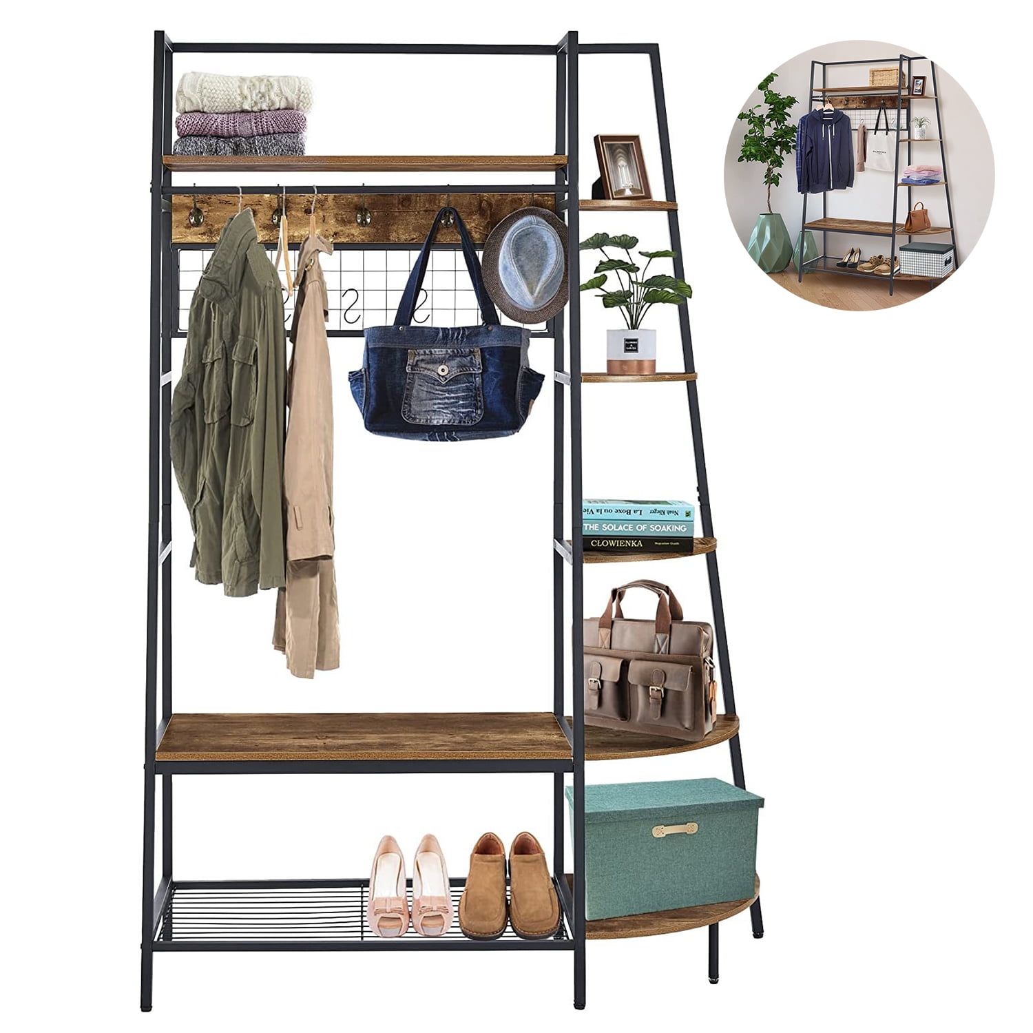 CJC Entryway Closet Organizer Garment Rack Hall Tree with Shoe Rack