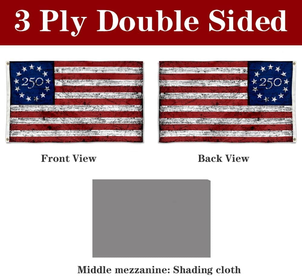 250th Anniversary American Flag, 3x5 Feet Double Sided Polyester, Red White Blue, 3-Ply Betsy Ross Design for Outdoor Display, Pole Mount