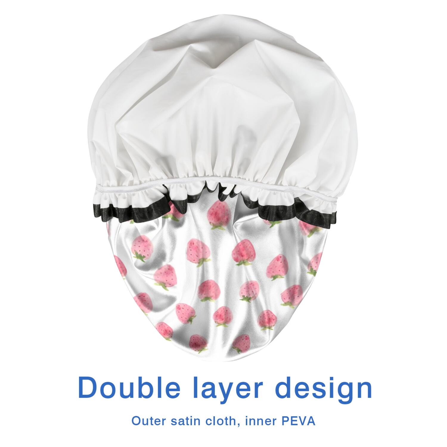 Shower Caps,Red Strawberry Plants Fruit Pink Pattern Waterproof Shower Cap for Women 4 Pieces,Double Reusable Hair Cover for Shower PEVA Elastic Stretch Hem