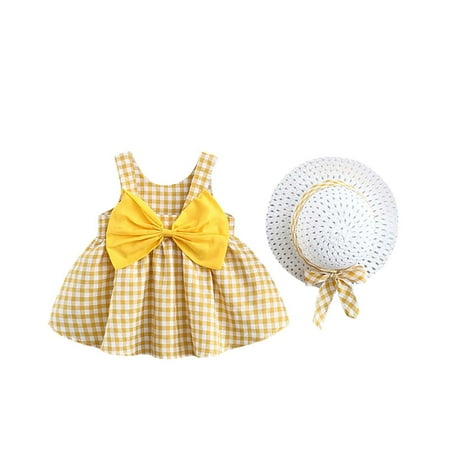 

Edvintorg 2023 Summer New Cotton Baby Infant Toddler Dress Kids Baby Girl Bowknot Checked Sling Dress With Hat 1-4Years Beach Party Dresses Clearance