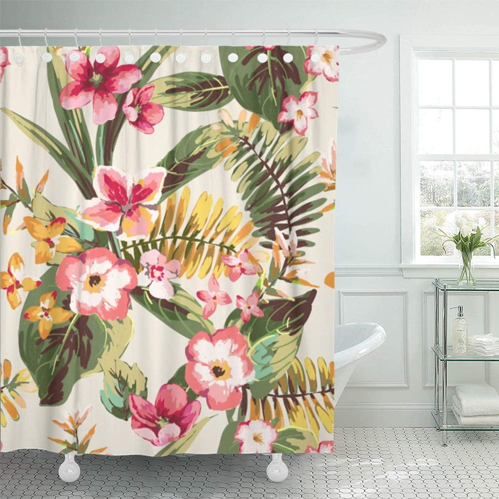 Tropical Pattern Parrot Orchids and Hibiscus Flowers Image Shower Curtain Set 8681273461525 