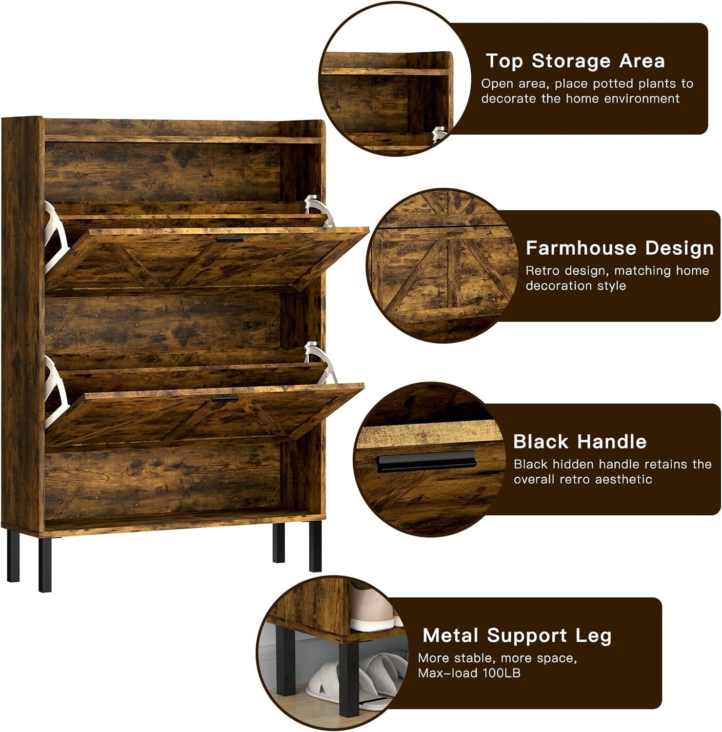 Vinform Farmhouse Shoe Storage Cabinet with 2 Flip Drawers for Entryway, Slim Wood Shoe Cabinet, Freestanding Narrow Shoe Rack Organizer with Metal Legs for Hallway Living Room (Rustic Brown)