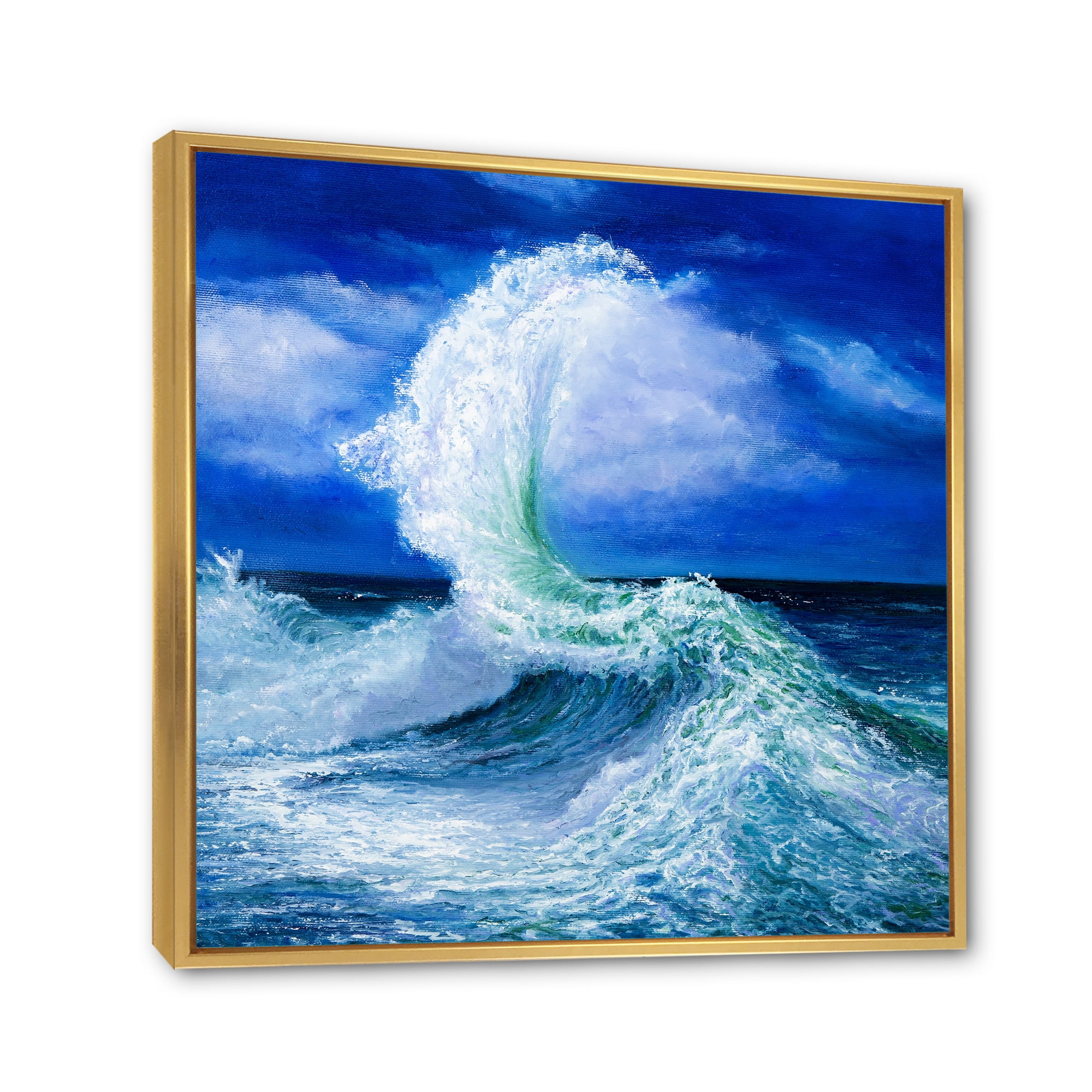 Designart 'Waves Breaking During Wild Blue Ocean Tide' Nautical & Coastal Framed Canvas Wall Art Print