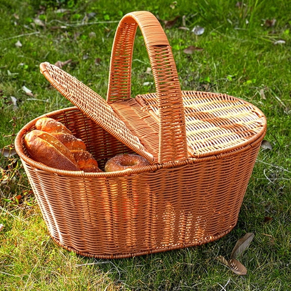 Handwoven Storage Basket With Lid And Sturdy Handles For Picnics And Home Organization