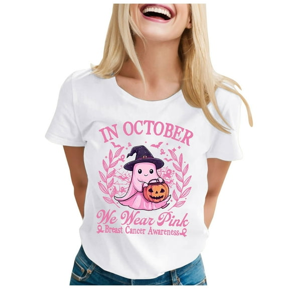 Cancer Awareness Shirts for Women in October Pink Ghost Witch Halloween Tees Short Sleeve Crewneck Pink Ribbon Survivor Gifts Tops