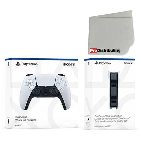 Sony PlayStation 5 White DualSense Wireless Controller and Charging Station with Microfiber Cleaning Cloth