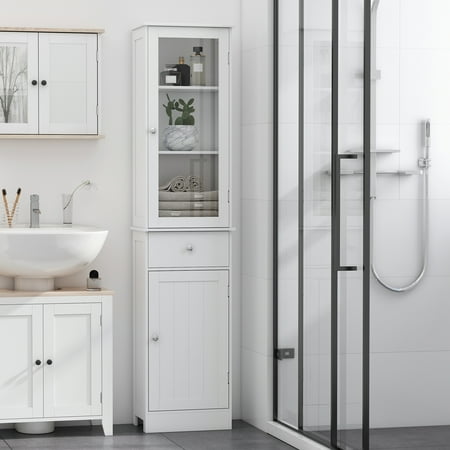 Kleankin Bathroom Storage Cabinet With 3 Tier Shelf Drawer Glass Door Floor Free Standing Linen Tower Tall Slim Side Organizer Shelves White Canada Kleankin Bathroom Storage Cabinet With, Tall Slim Mirrored Cabinet